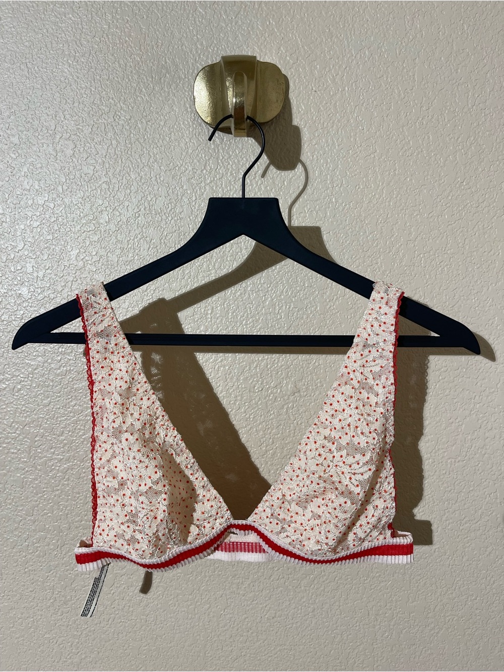 Free People Delicate Lace Bralette in Cream with Red Trim